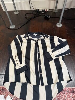 Striped Button-Down Blouse in Black & Cream